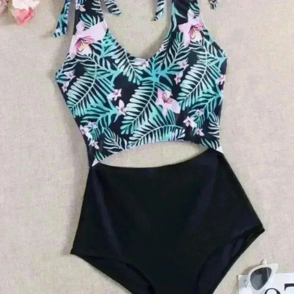 Shein Tropical Tie Shoulder Piece Swimsuit Large - Picture 1 of 5